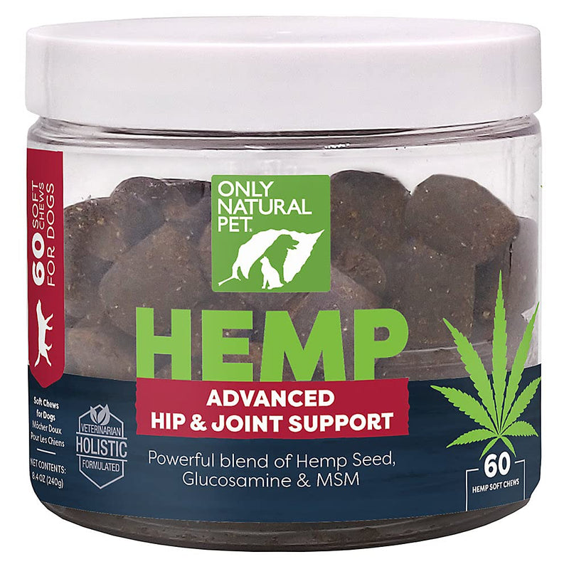 Only Natural Pet Hemp Advanced Mobility Support for Dogs Holistic Wellness Hip Bone Joint Health - Inflammatory Function Relieves Pain Stiffness Green Lipped Mussels Turmeric (HA) 60 Count - PawsPlanet Australia