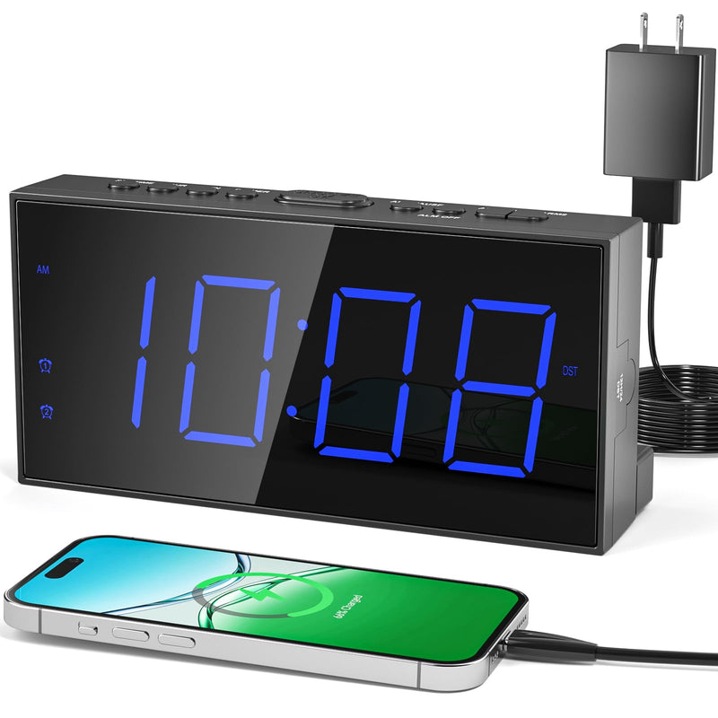 Simple Digital Alarm Clock for Bedroom - Easy to Use with Large 7.5" Display, Dual Alarms, Dimmable, USB Charger & Battery Backup, 12/24H & DST - Plug-in Electric Clock for Heavy Sleepers, Kid, Senior Blue Digits