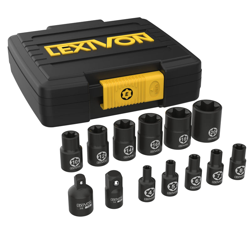 LEXIVON E-TORX Socket Set, Chrome Vanadium Alloy Steel | 13-Piece Female Star Socket E4 - E20 Set | Enhanced Storage Case (LX-147) Torx