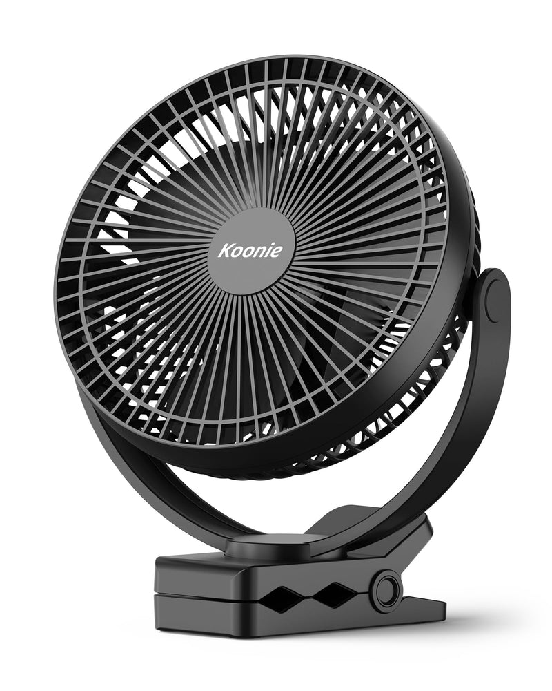 Koonie 10000mAh Clip on Fan Rechargeable, 8-Inch Battery Operated Desk Fan, USB Fan with 4 Speeds, Strong Airflow Sturdy Clamp for Golf Cart Office Desk Outdoor Travel Camping Tent Gym Treadmill,Black Black