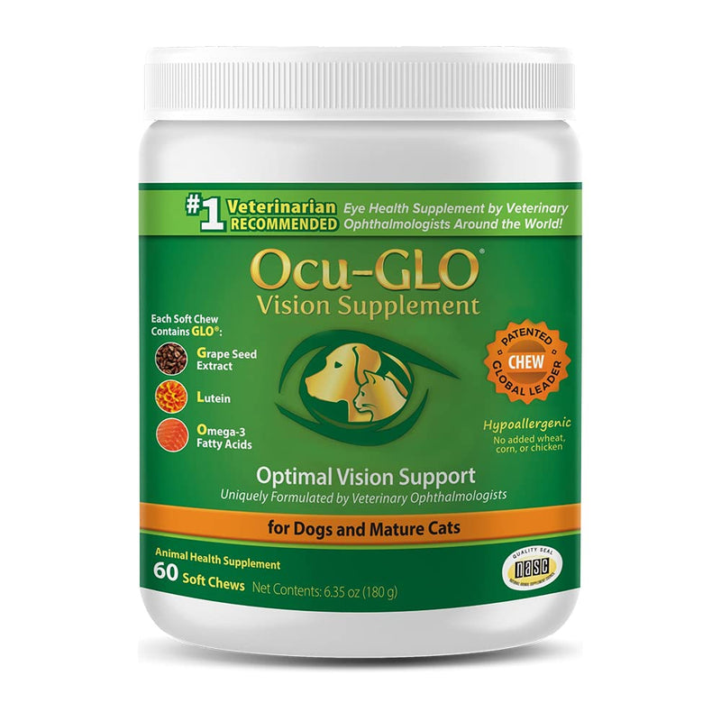 Ocu-GLO Cat & Dog Senior Supplement for Eye Support - Chewable Vision Vitamins Supplements for Large and Small Pets Care with Lutein, Omega-3 Fatty Acids, Grape Seed Extract & Antioxidants 60 Chewables (Pack of 1) - PawsPlanet Australia
