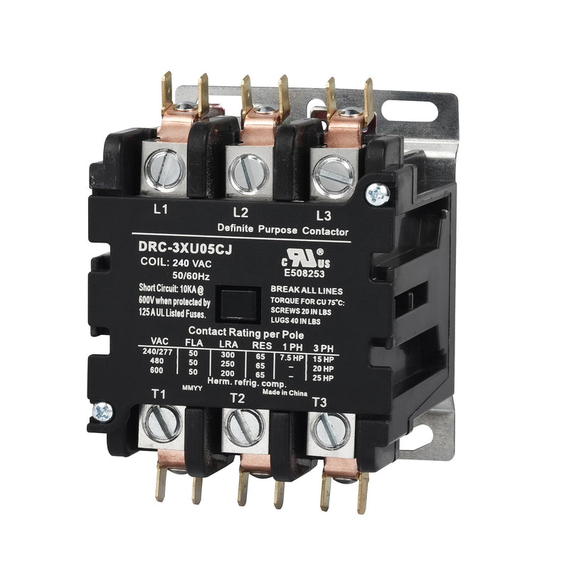 SUNLEE 50 Amp 65 RES 3 Pole 220V 240V coil DP Contactor A2L Compliant UL Recognized & Approved for UL 60335 HVAC Contactor 42DF35AG equivalent 3P 50A 208/240VAC