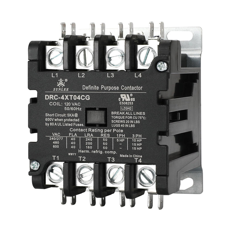 SUNLEE 4 Pole 40 Amp 50 RES 120V Coil Contactor fits Siemens 42CF25AF Lighting Heating Refrigeration Contactor, UL Recognized & Approved for UL 60335 4P 40A 120VAC Coil Volt