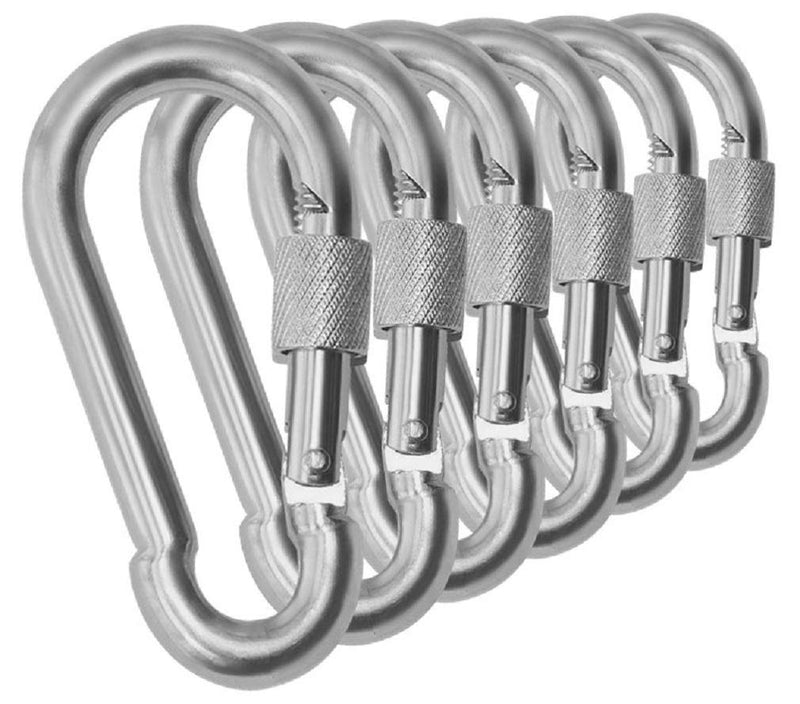Black & Silver Heavy Duty Bushcraft Locking Thumb Screw Closure Zinc-Galvanized Steel Carabiner Spring Snap Clip Link Hooks 200-400lb Load. 6 & 12 Packs 5cm 6-Pack Silver