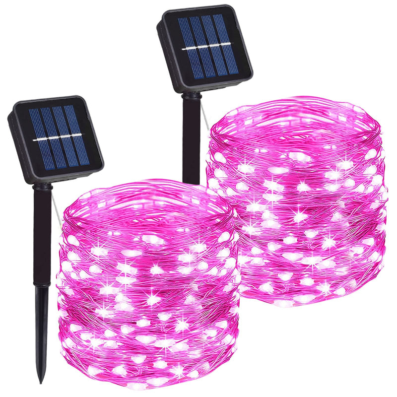 2 Pack Total 200 LED Solar Powered Copper Wire String Lights Outdoor, Waterproof, 8 Modes Fairy Lights for Valentines Day Decor, Garden, Patio, Party, Christmas, House (Pink) Pink 2 Pack