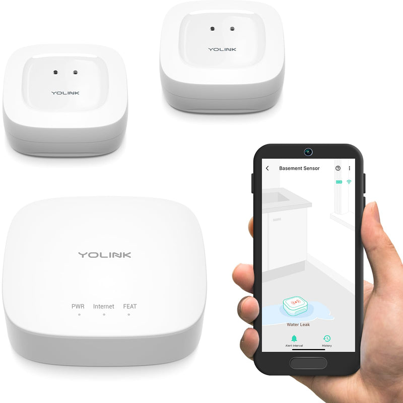 YoLink Smart Home Starter Kit: Hub & 2-Pack Water Leak Sensor 1, LoRa Up to 1/4 Mile Open-Air Range, SMS/Text, Email & Push Notifications, w/Alexa, IFTTT, Home Assistant 2-Sensor