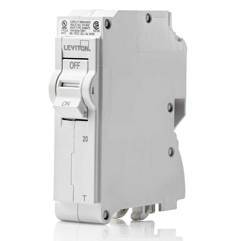 Leviton LB120-T 20A 1-Pole Plug-On Standard Branch Circuit Breaker, Thermal Magnetic, 120 VAC, White