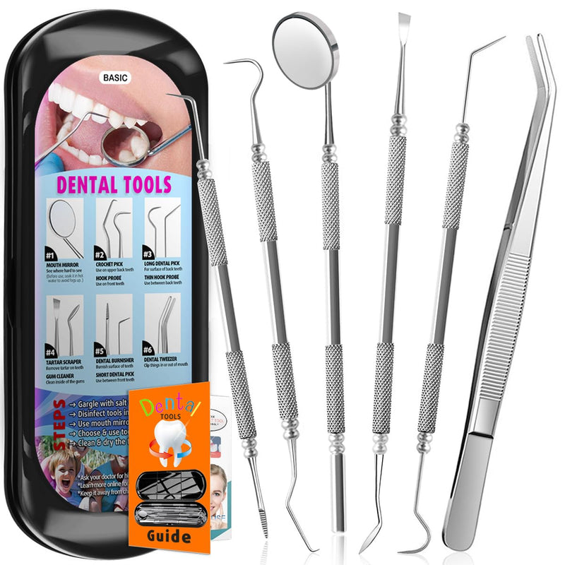 Antonki Dental Cleaning Tools, Dental Hygiene Kit, Teeth Cleaning Tools, Metal Dental Picks, Plaque Remover for Teeth, Stainless Steel Professional Tooth Tartar Scraper for Home Use - with Case Pro Dental Tools w/ Carrying Box - Classic Black