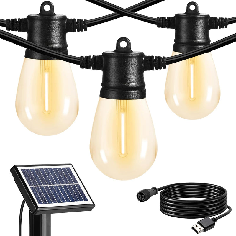 SUNTHIN Outdoor Solar String Lights, 48ft Solar Patio Lights with USB Rechargeable, Waterproof & Shatterproof Solar Powered Bulbs for Yard, Porch, Garden, Pool, Party, Camping Black 48 Feet