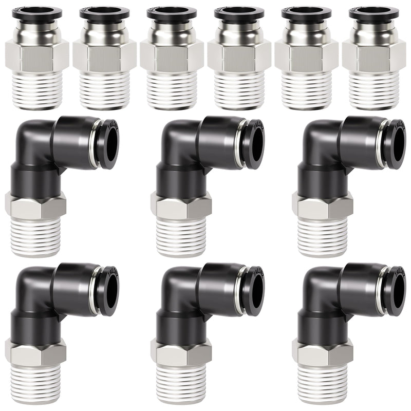 TAILONZ PNEUMATIC Elbow and Straight Combination 1/4 Inch Tube OD x 1/8 Inch NPT Thread Push to Connect Fittings PC-1/4-N1+PL-1/4-N1(Pack of 12) 1/4"OD x 1/8"NPT