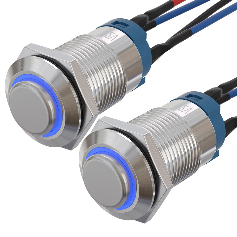 APIELE (Pcs of 2) 12mm Momentary Push Button Switch High Round Head Stainless Steel 1 Normally Open with Ring Led (Blue) Blue Silver Stainless Steel