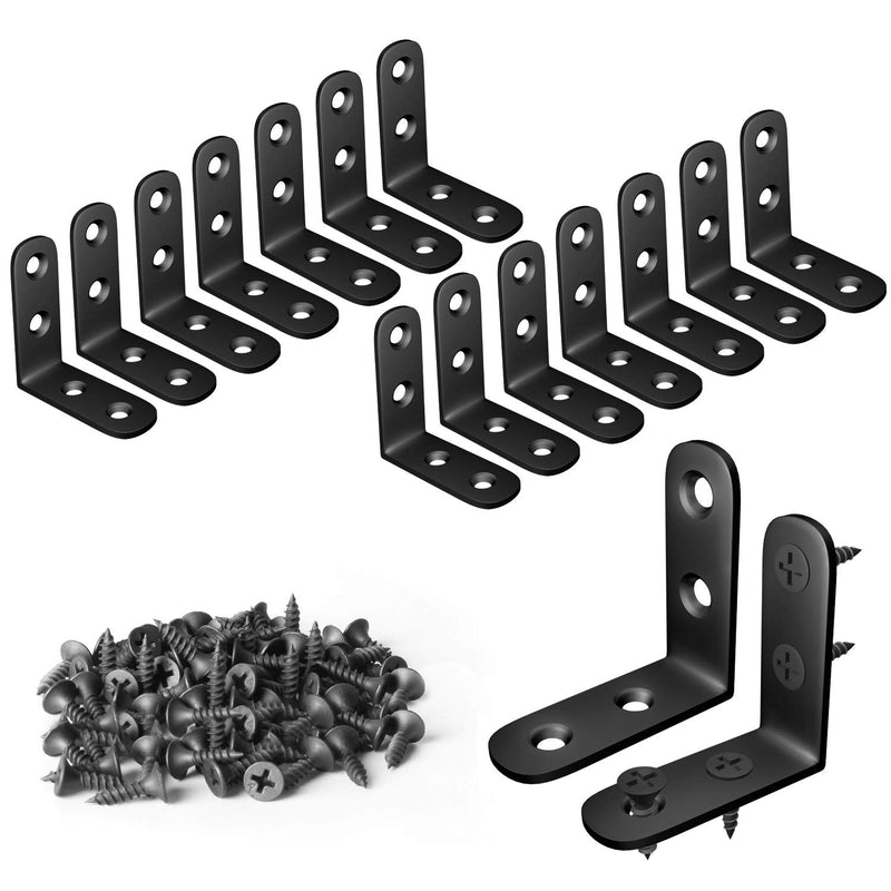 Blingstar L Bracket Stainless Steel Corner Brace 16 Pcs 1.57x1.57 Inch Joint Right Angle Bracket 90 Degree Corner Fastener for Wood Furniture Bedframe Cabinet Drawer Chair, with 64 Pcs Screws, Black 16Pcs