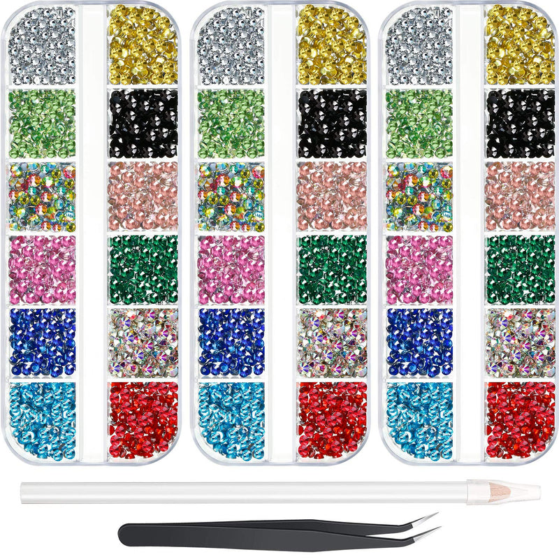 9000 Pieces Hotfix Rhinestone 3 Sizes 12 Colors Flatback Round Glass Gemstone Crystal Iron On Rhinestones Glass Stones with Tweezers and 1 Picking Pen for DIY Manicure, Face Art Clothes Bags SS6~SS16
