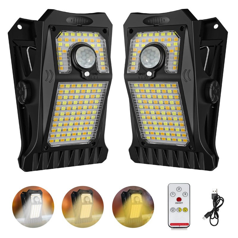 Tryme 118Leds Solar Lights Outdoor Clip Motion Sensor Lights Security Light 3 Modes, 3 Color Temperature, Solar Powered, USB Charging (2 Pack)