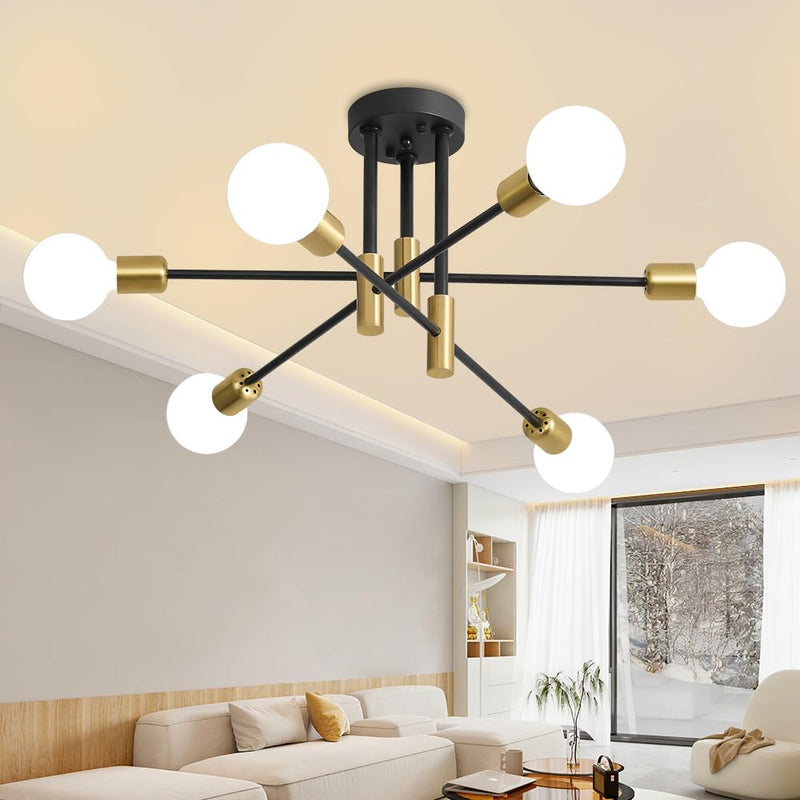 Biewalk Sputnik Chandelier, Mid Century Modern Nordic Pendant Lighting 6 Lights Ceiling Light Fixture Black and Gold Chandelier, for Living Room Kitchen Bedroom Dining Room (E26 Bulb Excluded) Black Gold 6-Light no lampshade