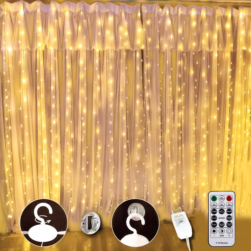 Warm White Curtain Light for Bedroom, 300 LED 9.8ft x 9.8ft Window Fairy Curtain String Light with 16 Hooks, 8 Models Remote Control for Wedding Party Home Garden Indoor Decorations Warm White 300L Silver Copper Wire