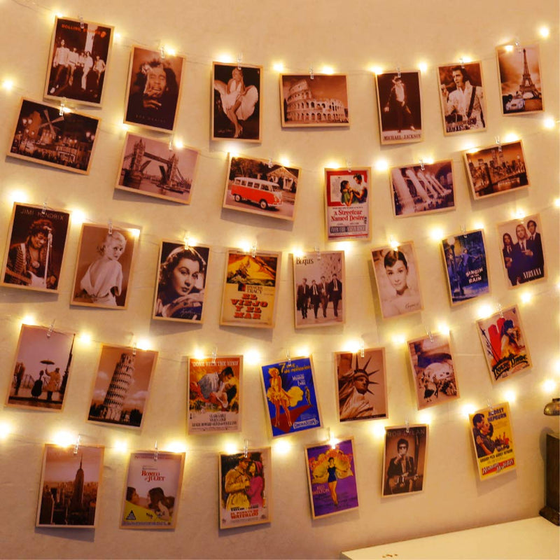 HXWEIYE 120LEDs Photo String Light, Warm White 40Ft Fairy Light with 52 Clear Clips & 12 Hooks on Wall, Timer & 8 Modes USB Powered Copper Wire Light for Hanging Picture, Bedroom Party 8 Mode USB Powered-120LEDs