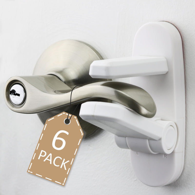 Door Lever Lock (6 Pack) Prevents Toddlers from Opening Doors. 3.25" L * 1.5" W * 4.5" H Easy One Hand Operation for Adults. Durable ABS with 3M Adhesive Backing. Simple Install, No Tools Needed. 6 Count (Pack of 1) White