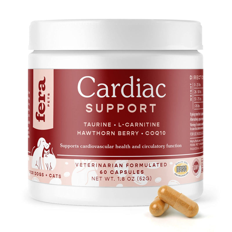FERA Cardiac Support Supplement for Dogs Cats, Taurine, L-Carnitine, CoQ10, Organic Hawthorn Berry, Vitamin E, Promotes Cardiovascular Heart Health, Healthy Circulation 60 capsules - PawsPlanet Australia