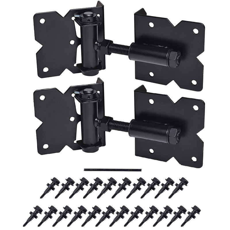 Self Closing Gate Hardware Hinges Heavy Duty for Wooden/Vinyl/PVC Fences,90 Degree Adjustable, with Installation Screws and Swing Adjuster Tool,2 Pack/Set,Black Black