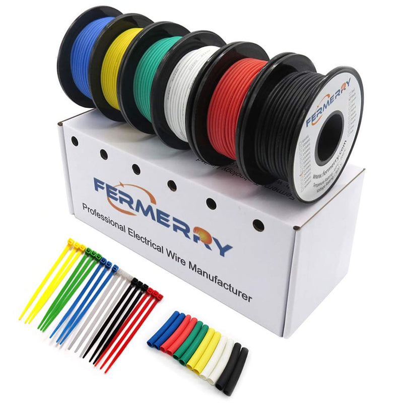 Fermerry 22 AWG Stranded Wire Spool 10ft Each 6 Colors Flexible 22 Gauge Silicone Hook up Wire Kit Electrical Tinned Copper Wire 22 AWG-6C