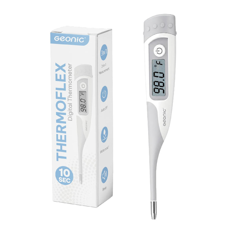 Flexible Tip Digital Thermometer for Adults & Kids, Fast 10-Second Reading, Waterproof, 3-in-1 Oral Rectal Underarm Use, Fever Alarm, White