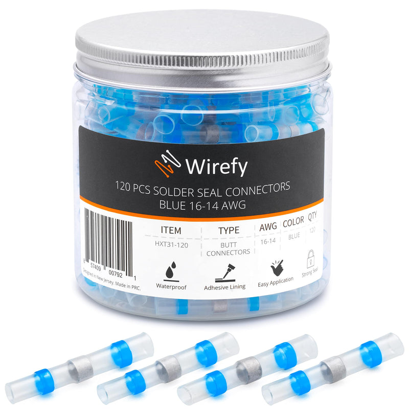Wirefy 120 PCS Solder Seal Wire Connectors - Heat Shrink Solder Butt Connectors - Waterproof Solder Sleeves - Self Soldering Wire Connectors - Blue 16-14 AWG Blue - 1.5 - 2.5 mm²