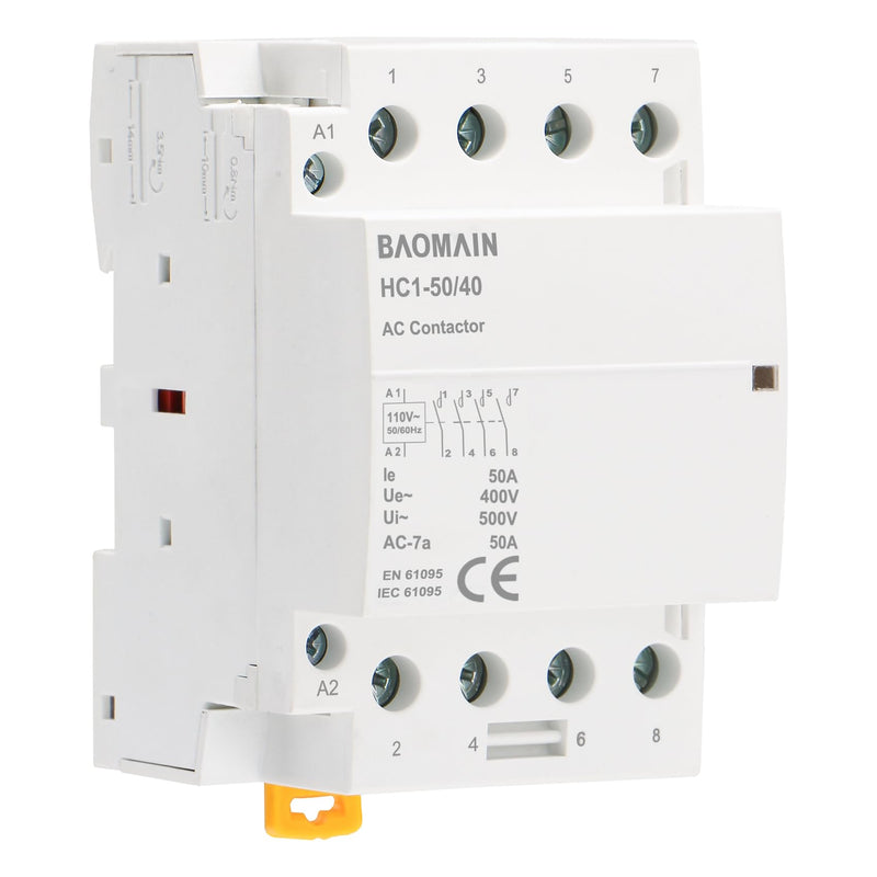 Baomain 110V AC 4-Pole Modular Contactor, 50A 4NO Normally Open, DIN Rail Mount for HVAC, Motor, Pump & Lighting Control BCT-50/40, HC1-50/40-110VAC 110 VAC