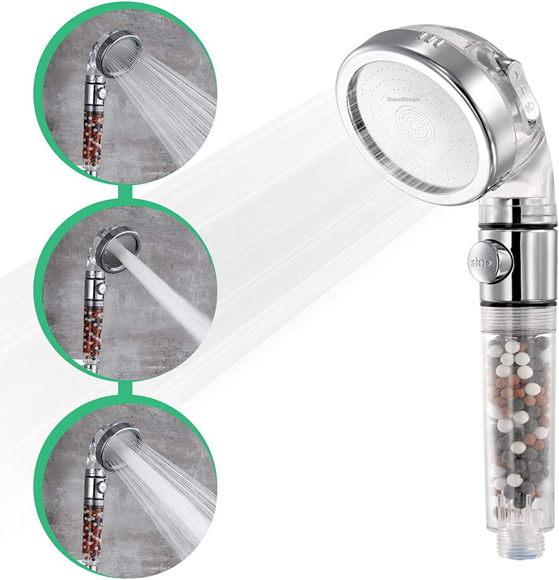 Original StoneStream Filtered Shower Head, Eco Power High Pressure Water Softener Showerhead with ON/OFF switch and Spa like Ionic beads for Dry Skin & Hair — 3 Spray Settings 3-Setting Shower Head