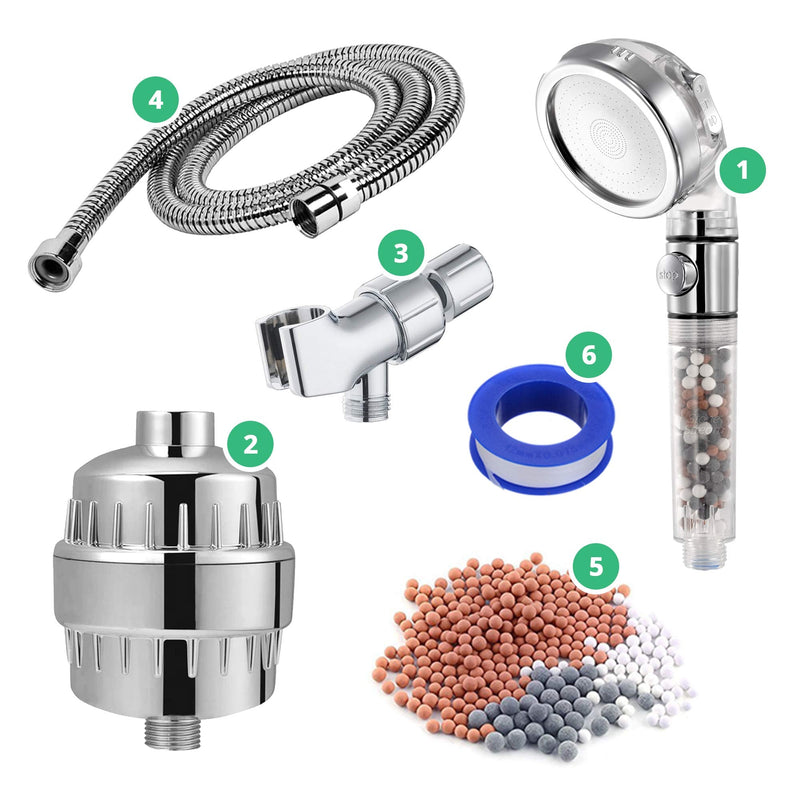 Original StoneStream EcoPower High Pressure Handhled Shower Head + Shower Filter + Wall Adapter Kit 6-in-1 Shower Head Kit