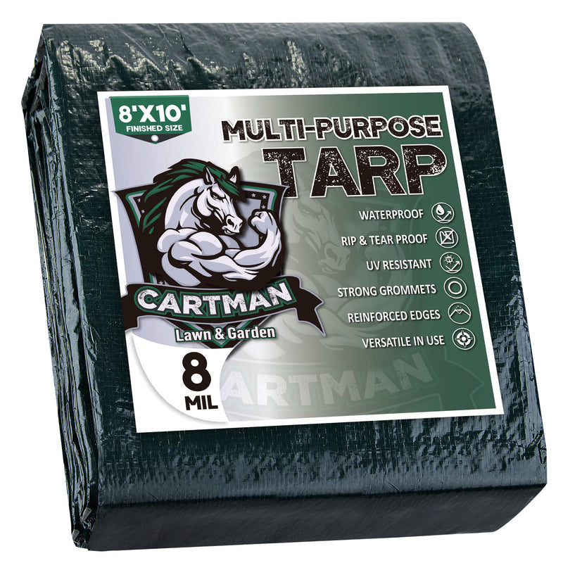 CARTMAN Finished Size 8x10 Feet Waterproof Green Tarp 8 Mil Thick, Multipurpose Protective Cover for Emergency Rain Shelter Camping Tarpaulin 8'x10'