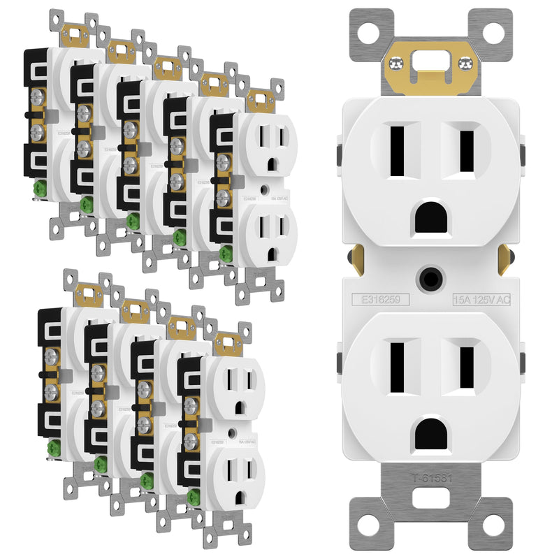 ENERLITES Duplex Receptacle Outlet, Residential Grade Electrical Wall Outlet, 15A 125V, Self-Grounding, 2-Pole, 3-Wire, UL Listed, 61581-W-10PCS, White (10 Pack) Glossy White 10
