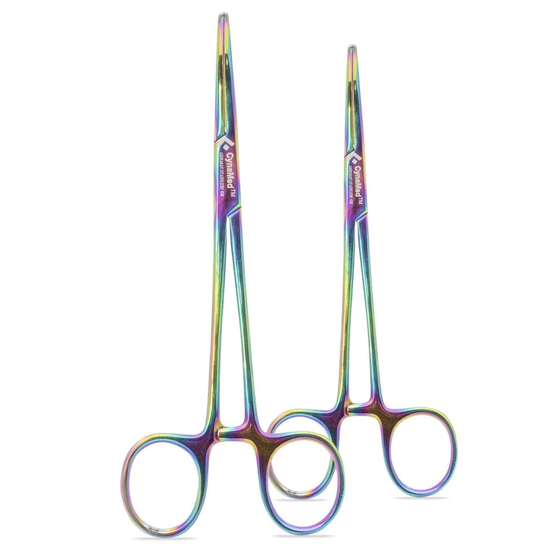 Cynamed Set of 2 Artzone Multi Color Hemostat Forceps with Serrated Jaws, Stainless Steel Rainbow Pliers - 5 inch Small Forceps - 5 in.