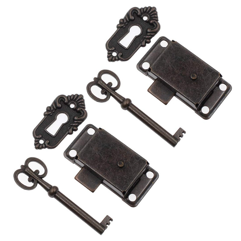 2 Sets Skeleton Key Lock Decorative Antique Red Bronze Cabinet Lock with Key for Chest Cupboard Furniture 2 Sets