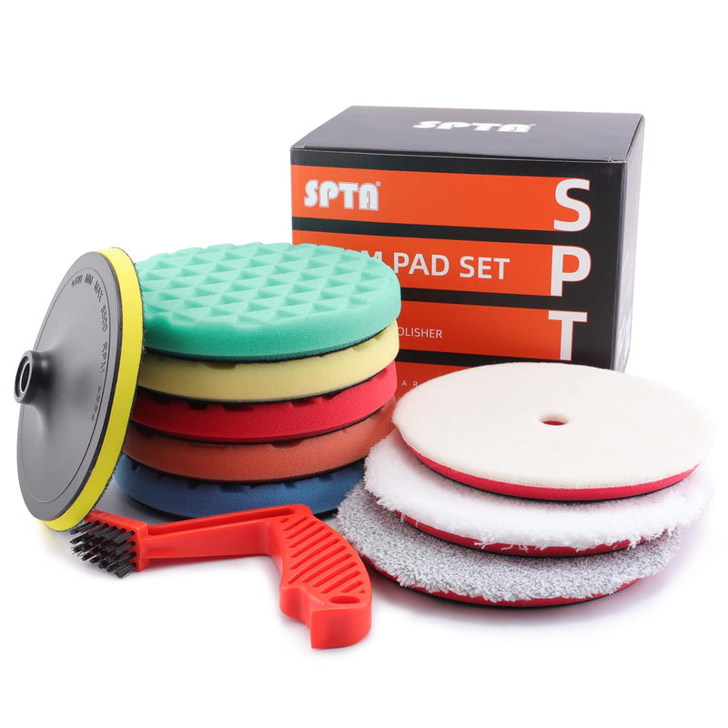 SPTA 10pcs Polishing Pads Kit, 7 Inches Large Size Buffing Pads, Car Foam Buffing Sponge Pads Kit with 5/8"-11 Backing Plate for Car Waxing Polishing
