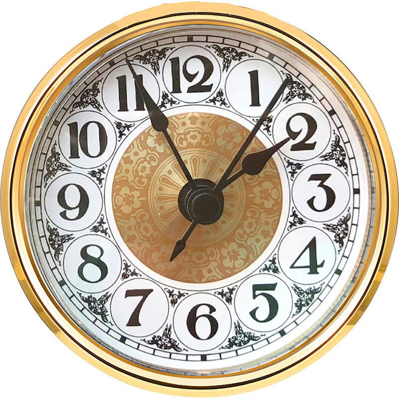 HILLHOME Mini Quartz Clock Insert 2.8 Inch (70 mm) Round Quartz Movement Miniature Clock White Dial Gold Trim Arabic Numerals, Fit 2.4 Inch (61 mm) Diameter Hole 2.8 Inch/70mm