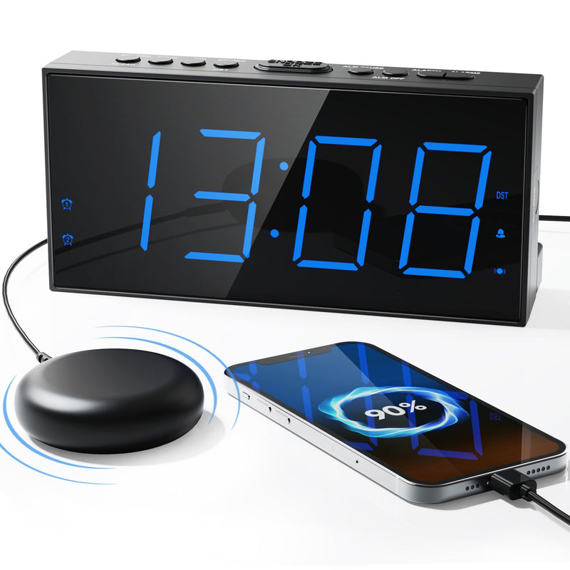 Roxicosly Loud Alarm Clock with Bed Shaker, Vibrating Alarm Clock for Heavy Sleepers/Hard of Hearing/Deaf,Dual Alarms, 7.5’’ Large LED Display, Dimmer, USB Charging Port, Plug-in with Memory Function with Bed Shaker & Thin Font Blue Digits, Thin Font