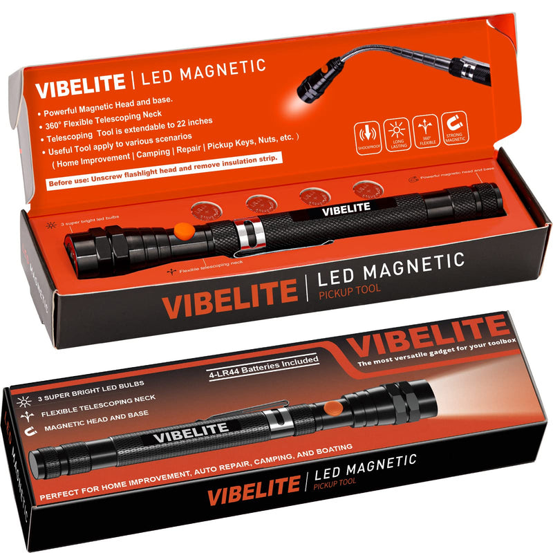 VIBELITE Magnetic Pickup Tool with LED, Telescoping Magnet Flashlight, Birthday Valentines Day Gifts for Men, Handyman, Husband, Boyfriend, Him, Father, Dad (Black) Magnetic Tool + Stylus Pen