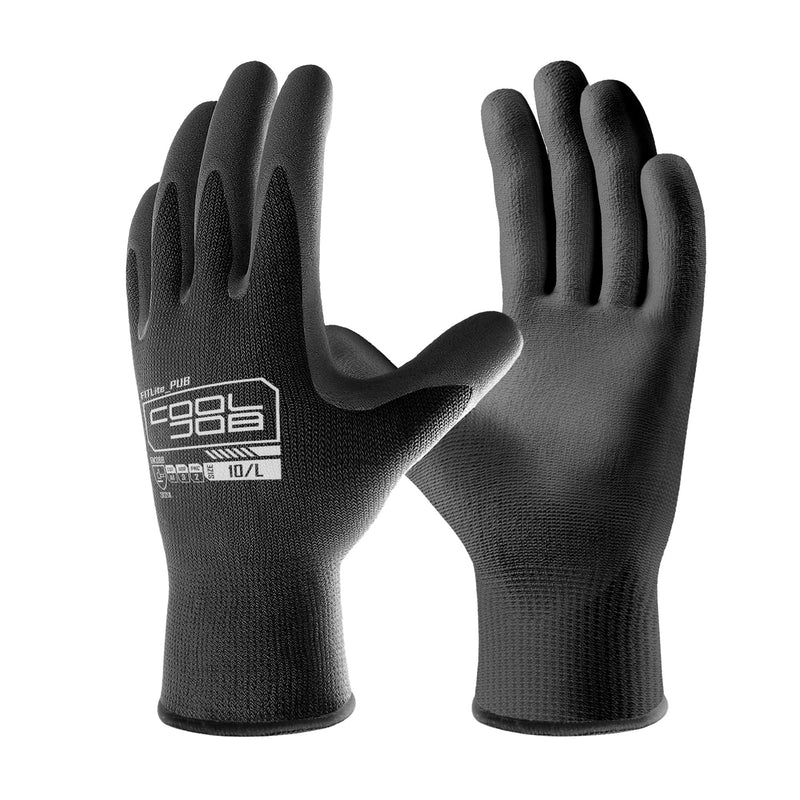 COOLJOB 12/60 Pairs Safety Work Gloves Pack Bulk with Grip PU Coating, 13 Gauge Seamless Knit Gloves with Polyurethane Dipped for Warehouse Working, Breathable Lightweight for Men Women, Black Large Large (Pack of 12)