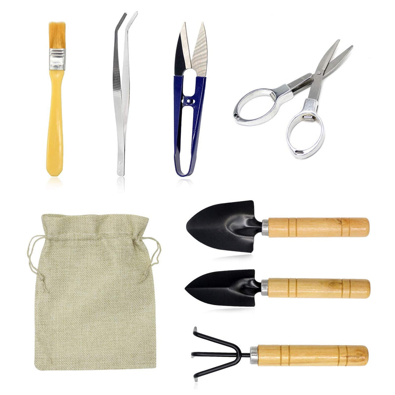 Bonsai Set 8 PCS-Mini Gardening Tools Kit for Indoor Outdoor Bonzai Include Pruner, Fold Scissors, Mini Rake, Tweezers, Cleaning Brush