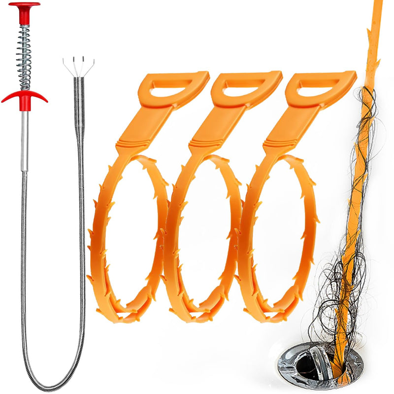 Omont Snake Drain Hair Clog Remover Tool, 34 Inch Stainless Steel Claw and 3 Pack 19. 7 Inch Plastic Sink Unclogger Tool, Sink Drain Cleaner Tool for Kitchen, Sink Bathroom, Tub Toilet Orange (3+1) Orange 3pcs Sink Snake+Steel Claw