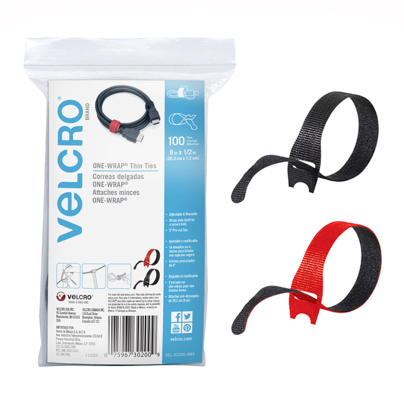 VELCRO Brand Cable Ties, 100Pk - 8 x 1/2" Red and Black, Reusable Alternative to Zip Ties, ONE-WRAP Thin Pre-Cut Cord Organization Straps, Wire Management for Office or Home, VEL-30200-AMS, Black/Red
