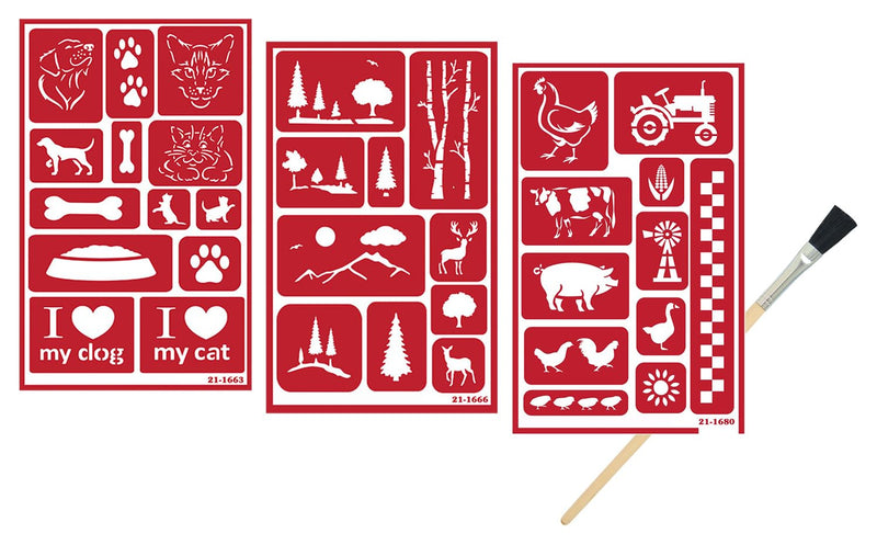 3 Reusable Glass Etching Stencils - Farmhouse, Farm Animal, Pets, Forest, Tree Theme - Designs: Rooster, Chicken, Cow, Pig, Dog, Cat, Paw - Set Includes Brush, Total 4 Items