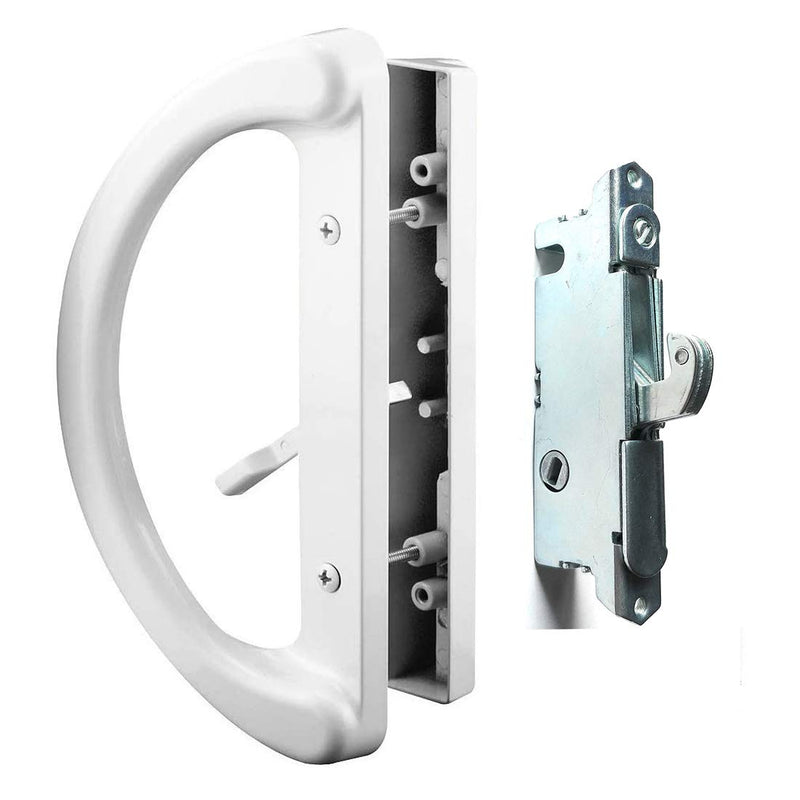 Patio Door Handle Set + Mortise Lock 45° Perfect Replacement for Sliding Glass Door Fits 3-15/16” Screw Hole Spacing, Non-keyed with Latch Locks,White Diecast,Reversible Design(Non-Handed) White