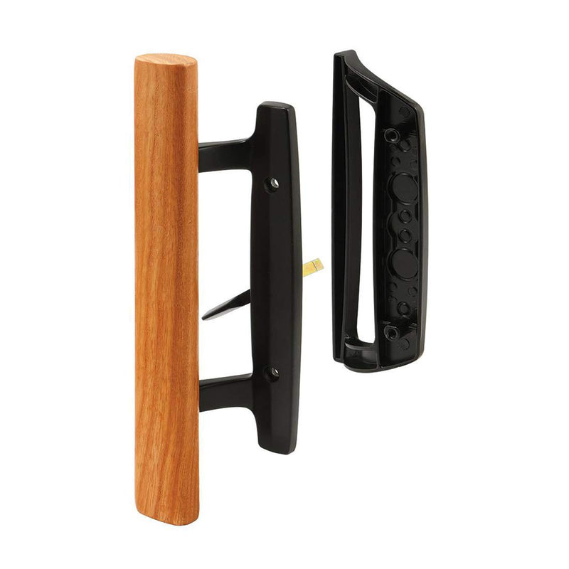 Mortise Style Reversible Sliding Patio Door Handle Set with Oak Wood Interior Handle and Exterior Pull in White Diecast Finish Fits 3-15/16” Screw Hole Spacing, Non-keyed with Latch Locks (Black) Black