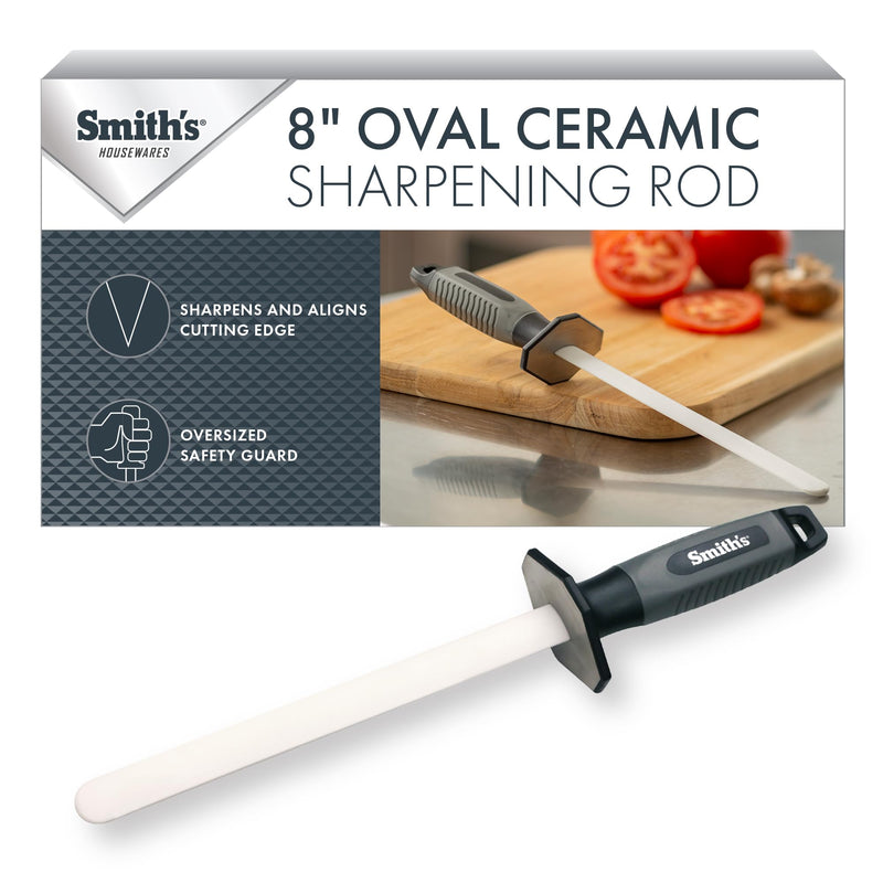 Smith’s 51205 8 Inch Oval Ceramic Sharpening Rod – Soft Rubber Handle – 2-Stage Sharpener – Kitchen, Chef, Straight + Serrated Edge Knife Sharpener – Hone & Realigns Knife Edge