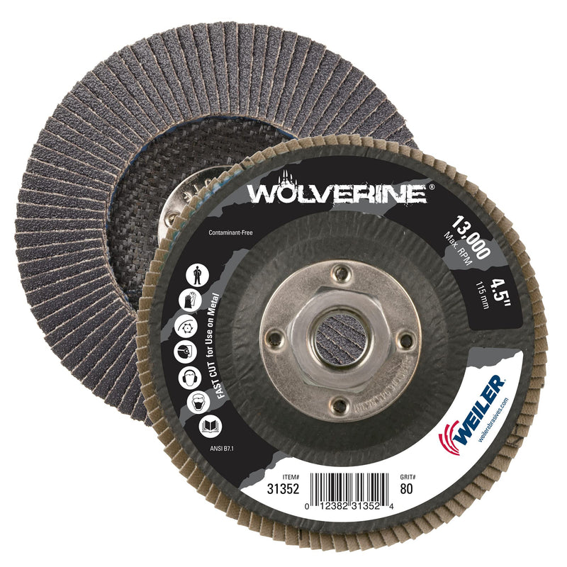 Weiler 31352 Wolverine 4-1/2" x 5/8"-11 UNC NUT Abrasive Flap Disc, 80 Grit Zirconia Alumina, Bevel Type 29, Phenolic Backing, Standard Density (Pack of 10) Value Steel / Metal