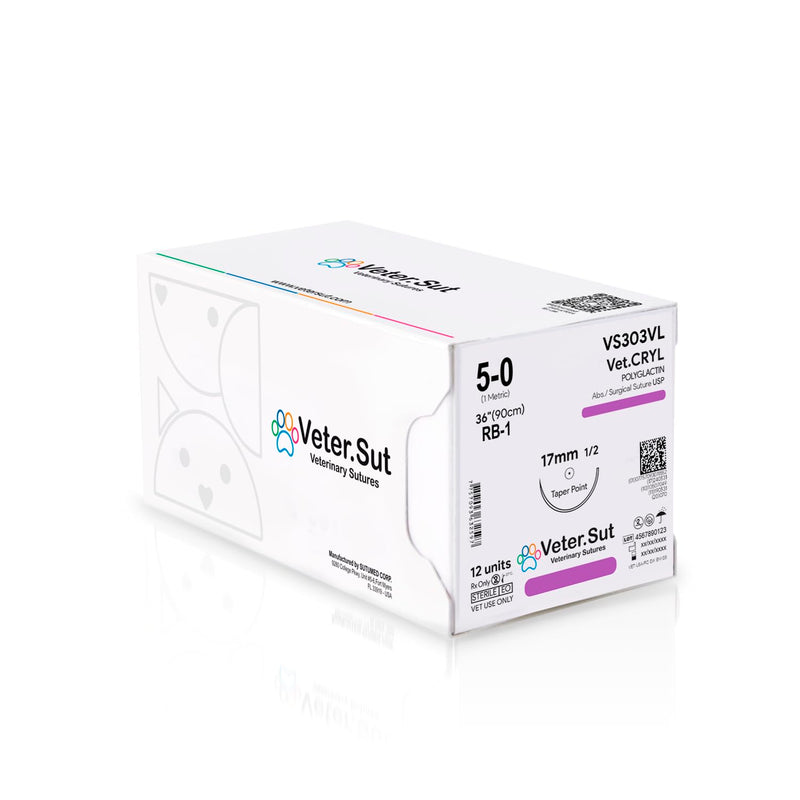 VeterSut VetCRYL Absorbable Polyglactin Surgical Suture USP Size 5-0, (RB-1) 1/2 17mm Taper Point Needle, 36 Inches (90 cm), 12 Count, Veterinary Use