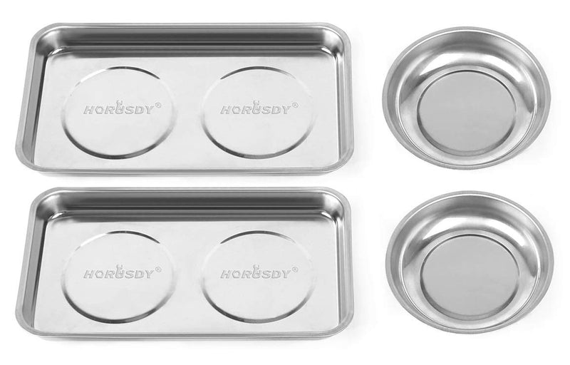 HORUSDY 4-Piece Large Magnetic Parts Tray Set, Stainless Steel Heavy Duty 9.5" W x 5.5''L Square and 4.5" Round Magnetic Trays Tools Parts Tray