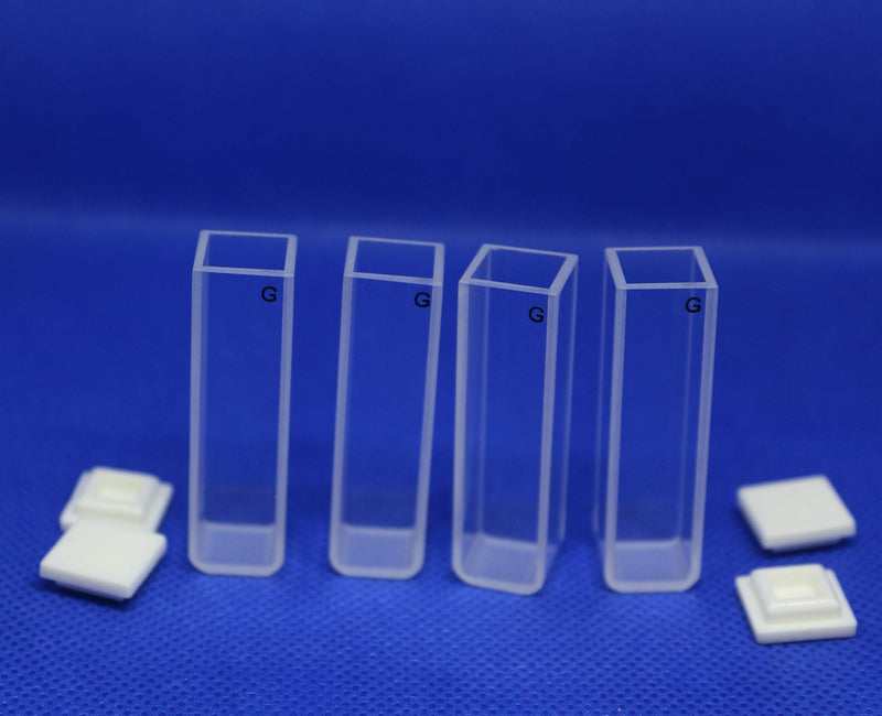 Fluorescence Glass Cuvette Cells (Set of 4 Pcs) 4 Clear Sided Fluorometer Cuvettes (Optical Windows: 4; Spectral Range: 340-2500 nm; Pathlength: 10 mm; Volume: 3.5 ml; A Non-Sealing PTFE cover)